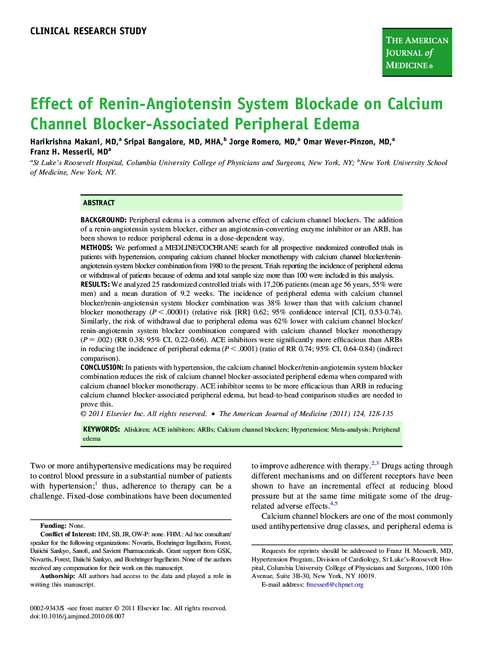 Effect of Renin-Angiotensin System Blockade on Calcium Channel Blocker-Associated Peripheral Edema 