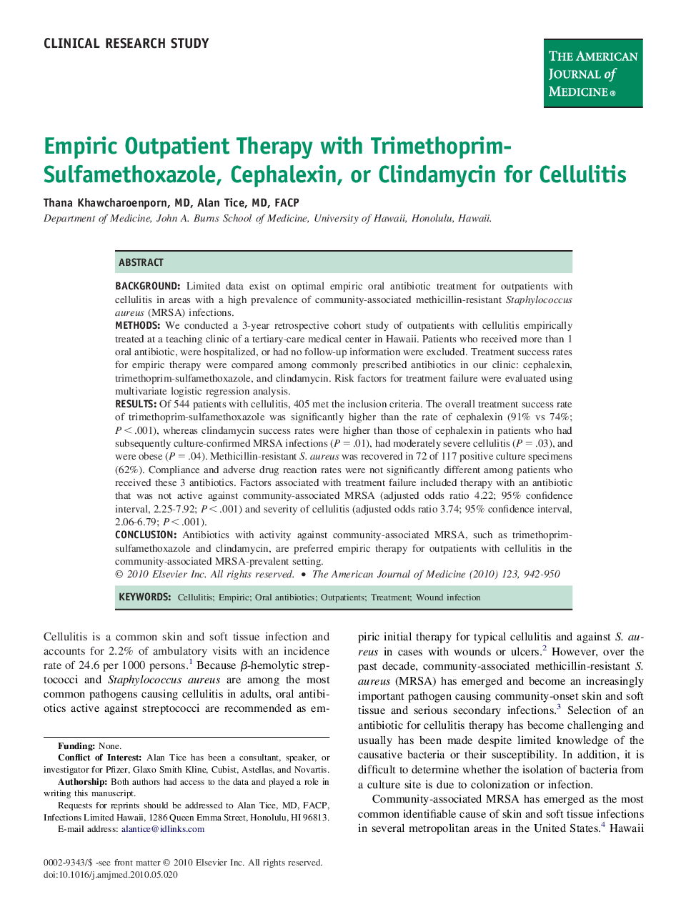 Empiric Outpatient Therapy with Trimethoprim-Sulfamethoxazole, Cephalexin, or Clindamycin for Cellulitis 