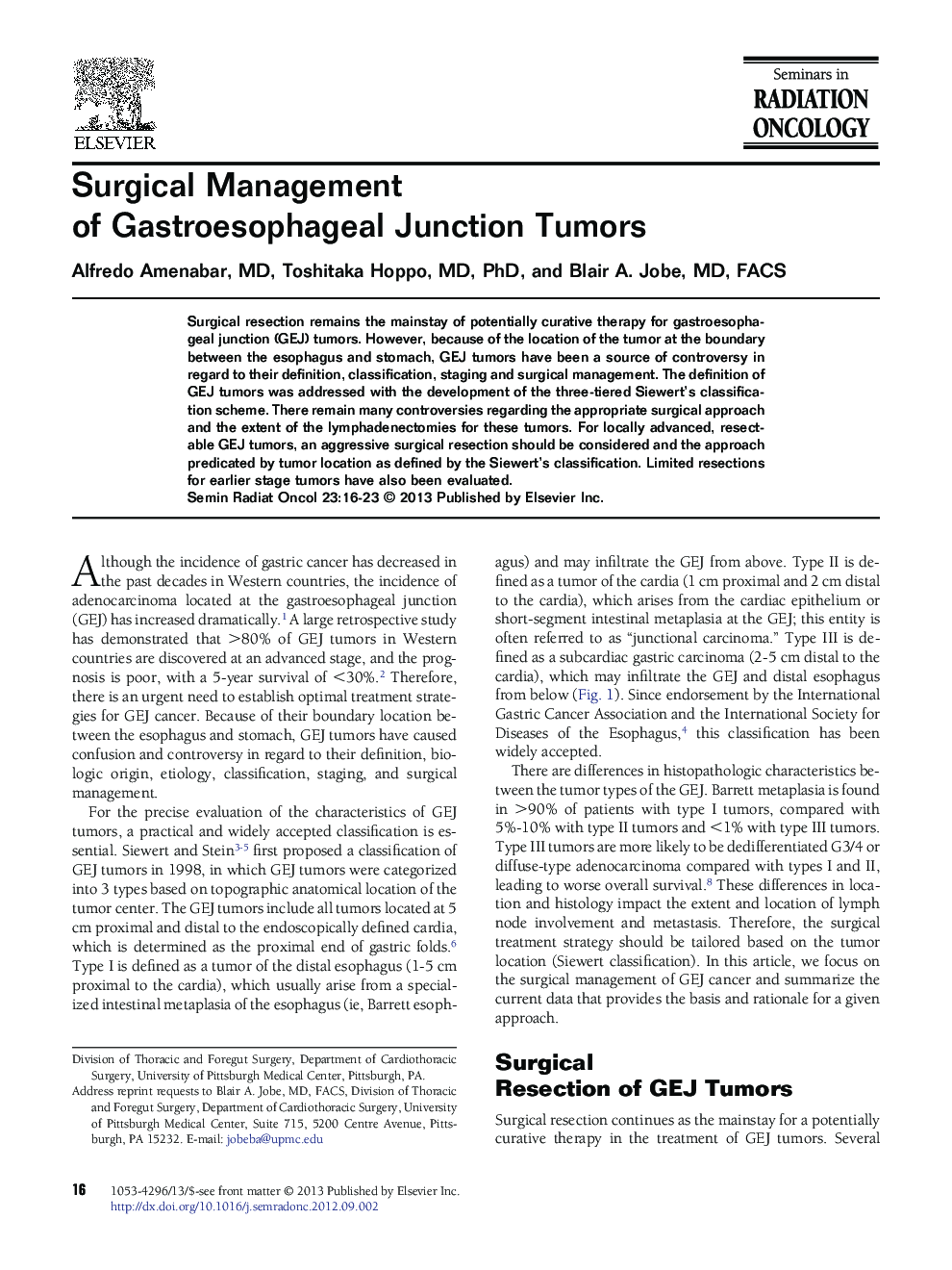 Surgical Management of Gastroesophageal Junction Tumors
