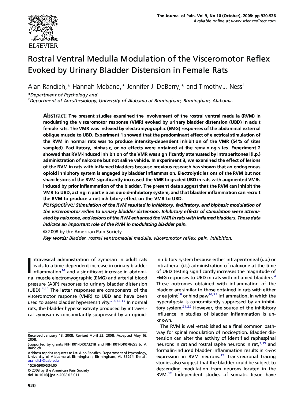 Rostral Ventral Medulla Modulation of the Visceromotor Reflex Evoked by Urinary Bladder Distension in Female Rats 
