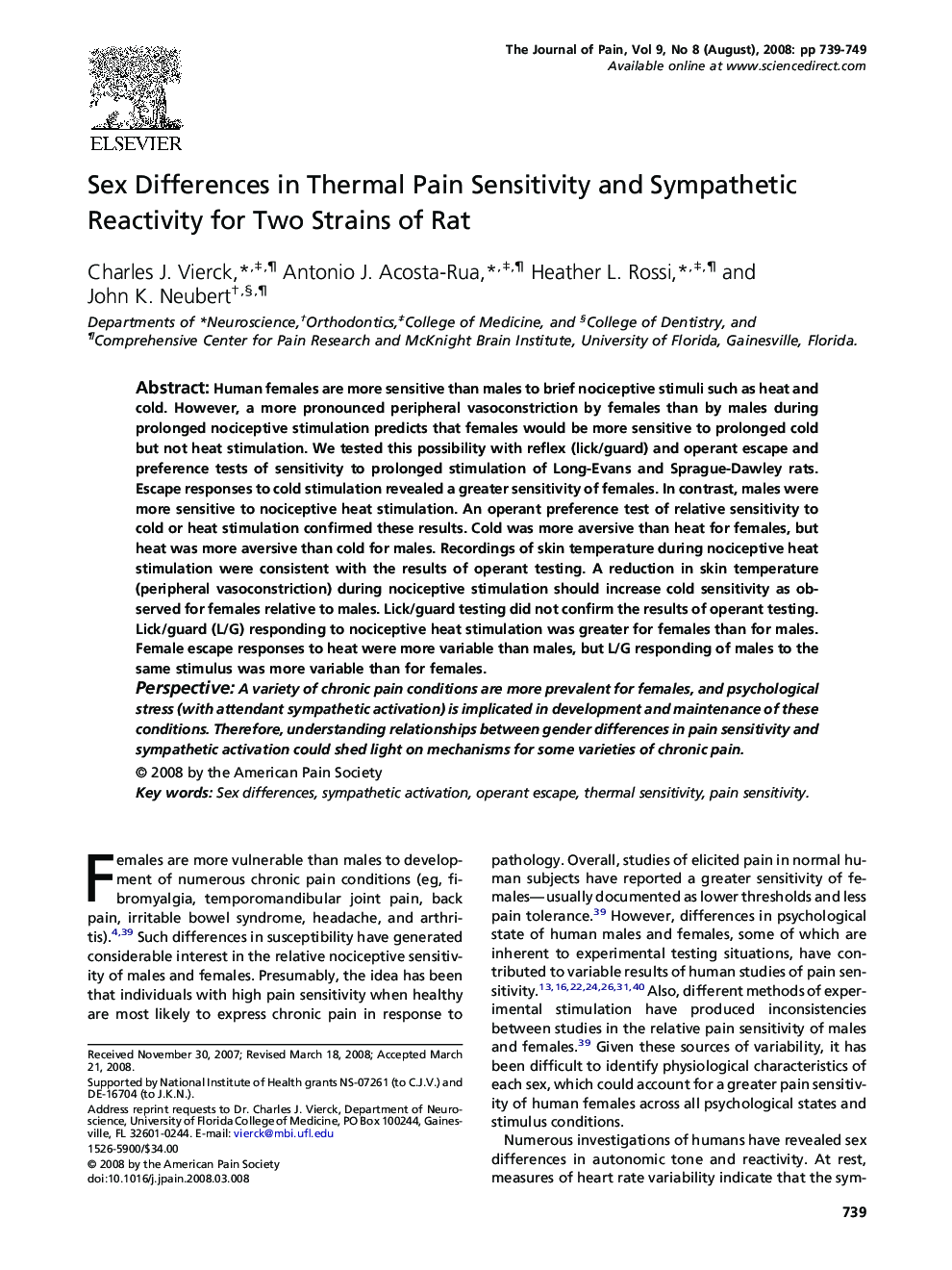 Sex Differences in Thermal Pain Sensitivity and Sympathetic Reactivity for Two Strains of Rat 