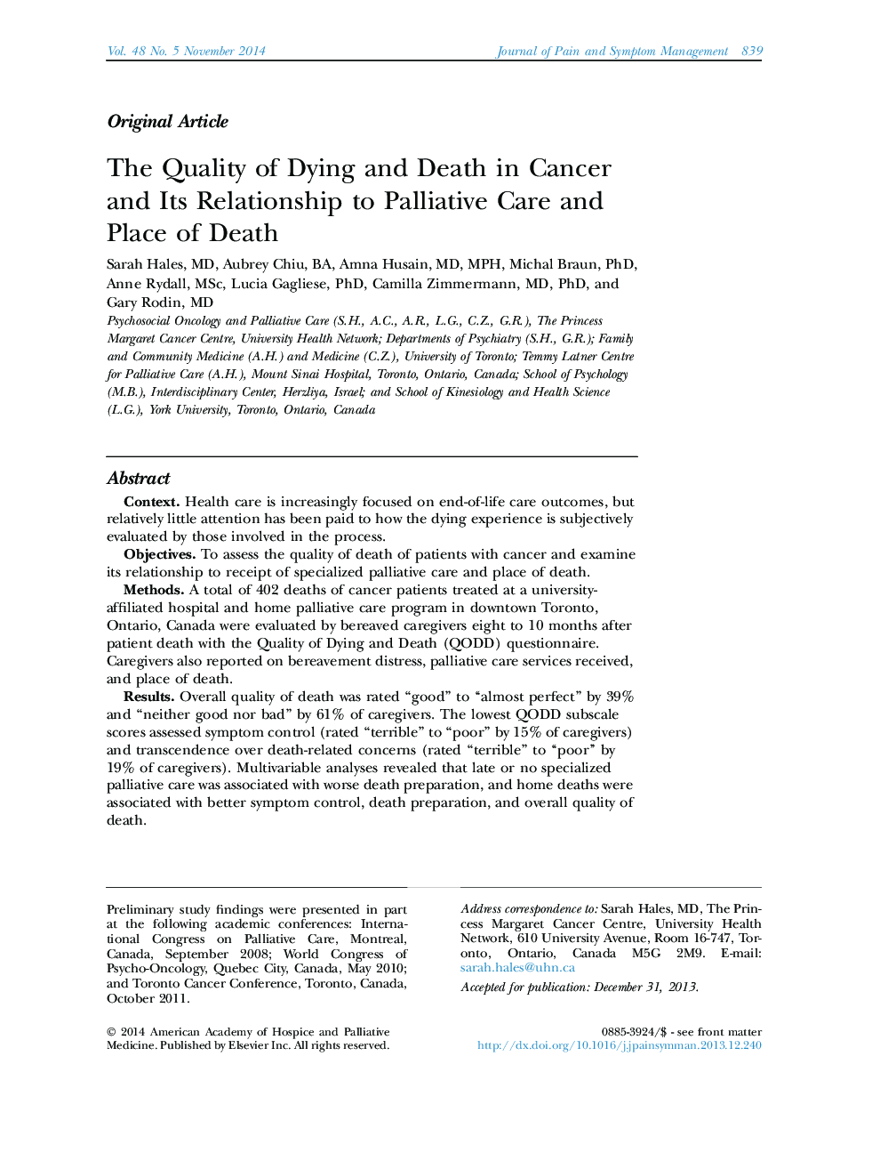 کیفیت مرگ و مرگ در سرطان و ارتباط آن با مراقبت تسکین دهنده و محل مرگ 