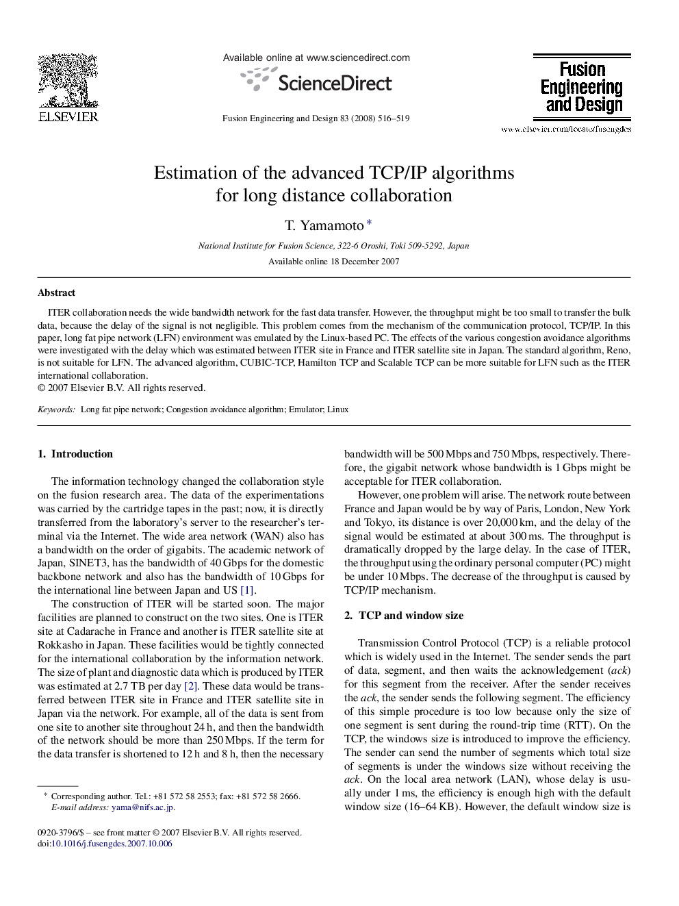 Estimation of the advanced TCP/IP algorithms for long distance collaboration