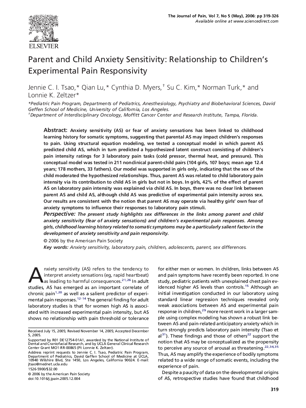 Parent and Child Anxiety Sensitivity: Relationship to Children’s Experimental Pain Responsivity 