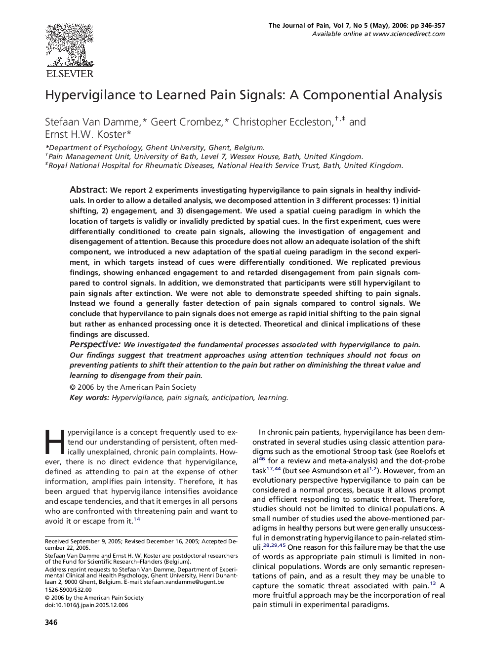 Hypervigilance to Learned Pain Signals: A Componential Analysis 