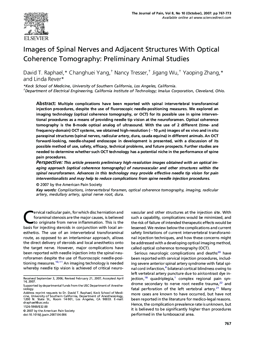 Images of Spinal Nerves and Adjacent Structures With Optical Coherence Tomography: Preliminary Animal Studies 