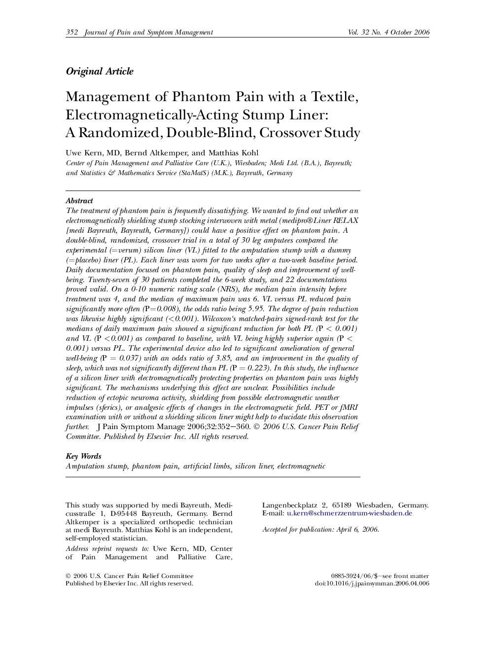 Management of Phantom Pain with a Textile, Electromagnetically-Acting Stump Liner: A Randomized, Double-Blind, Crossover Study 