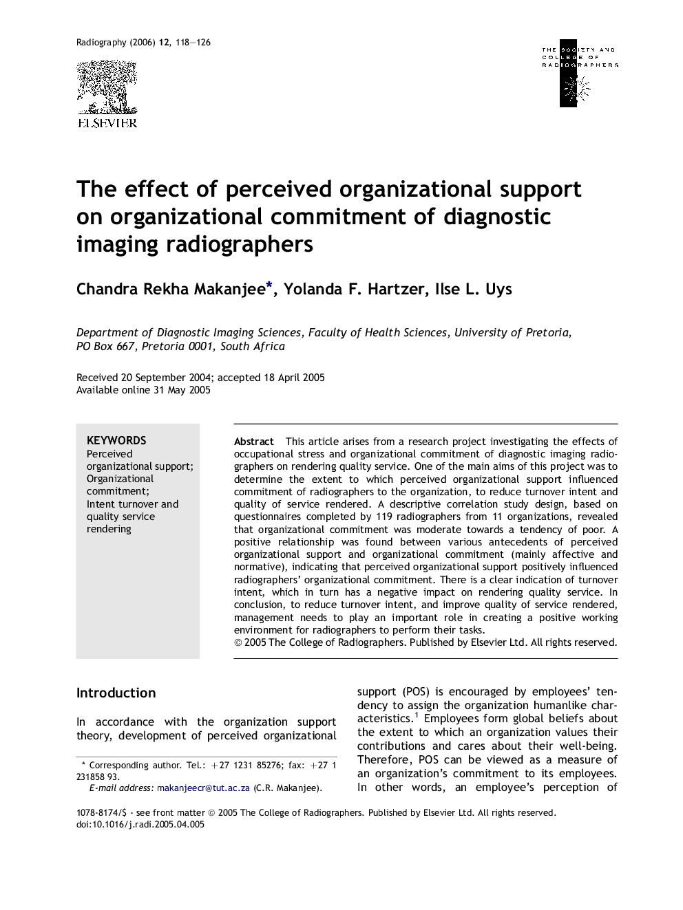 The effect of perceived organizational support on organizational commitment of diagnostic imaging radiographers