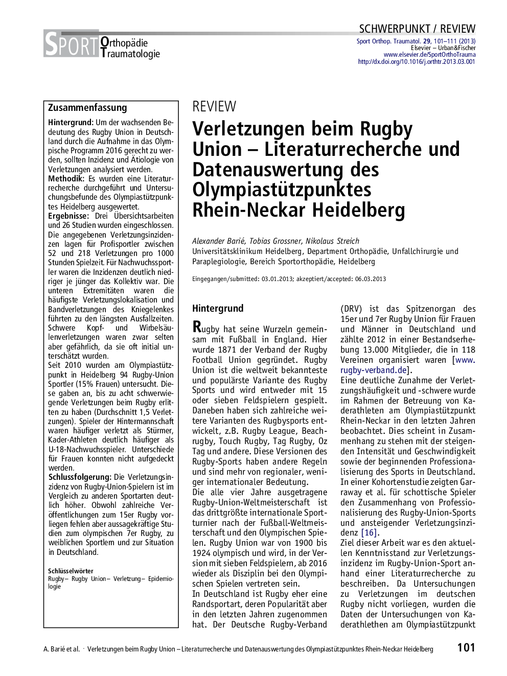 Verletzungen beim Rugby Union – Literaturrecherche und Datenauswertung des Olympiastützpunktes Rhein-Neckar Heidelberg