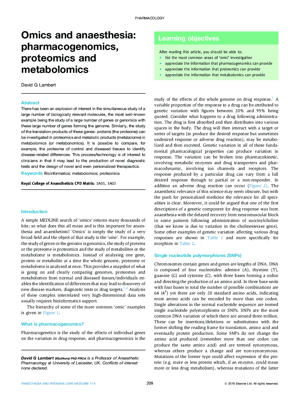 Omics و بیهوشی: فارماکوژنومیک، پروتئومیک ها و متابولومیک ها