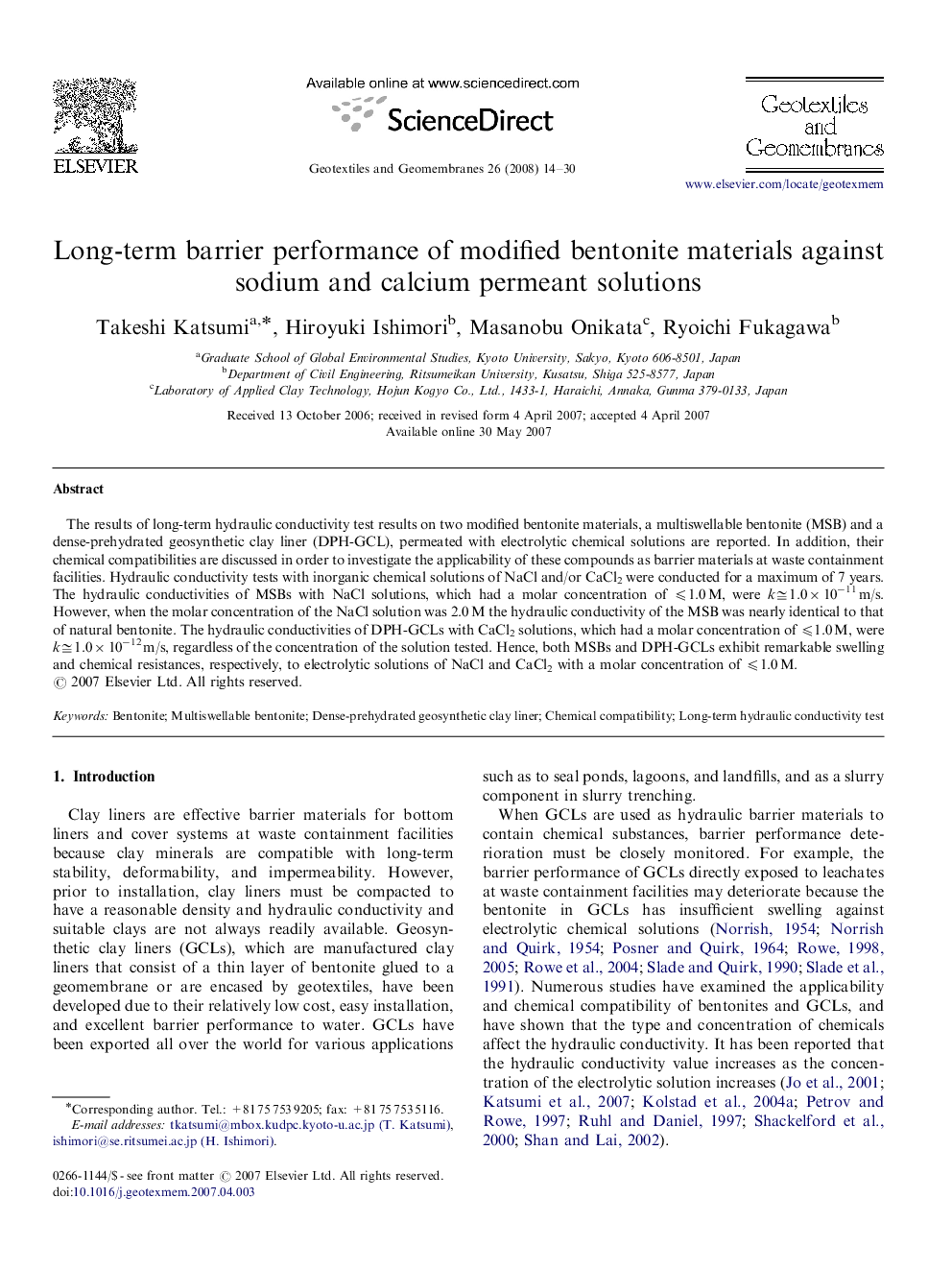 Long-term barrier performance of modified bentonite materials against sodium and calcium permeant solutions