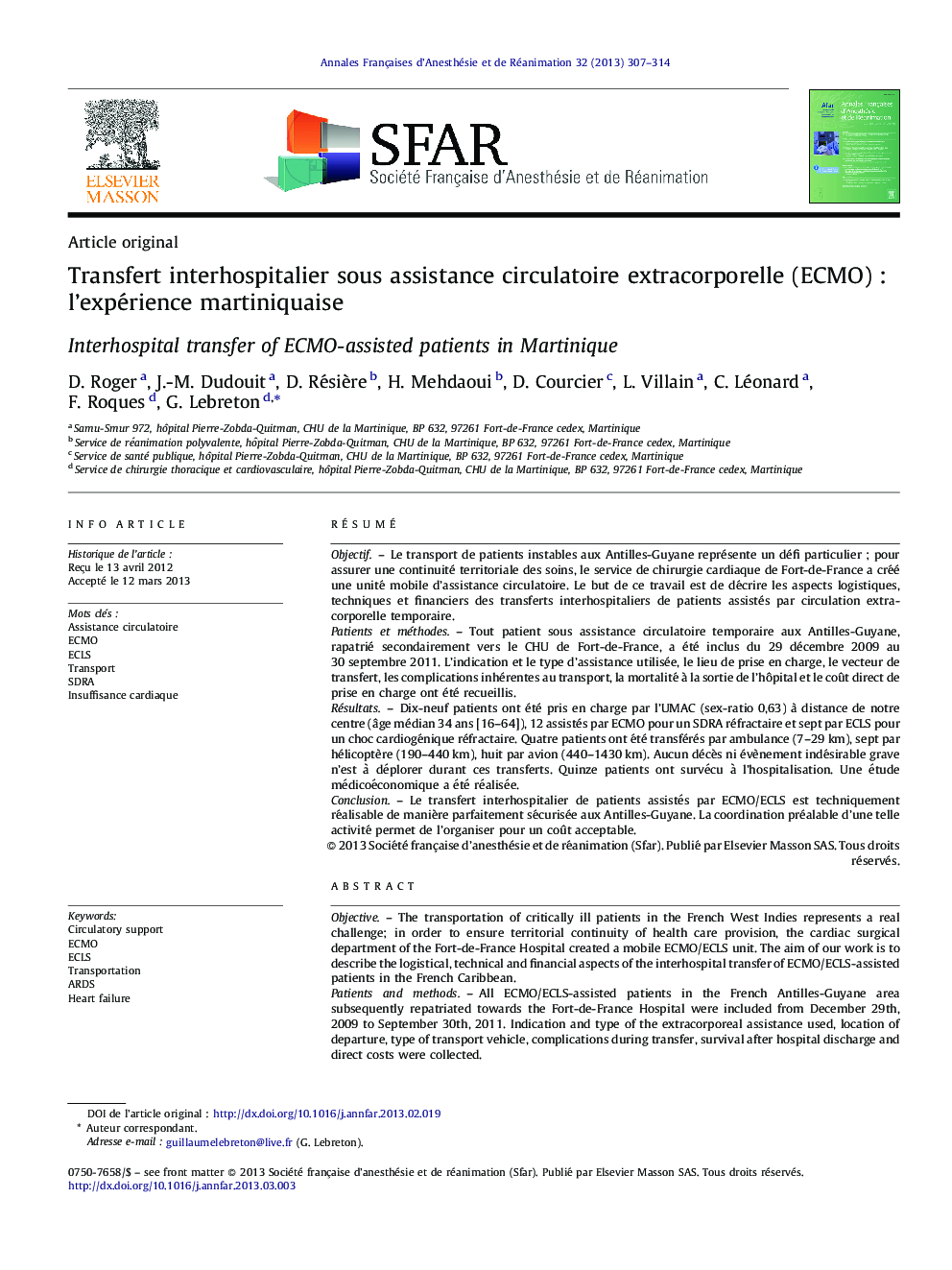 Transfert interhospitalier sous assistance circulatoire extracorporelle (ECMO) : l’expérience martiniquaise