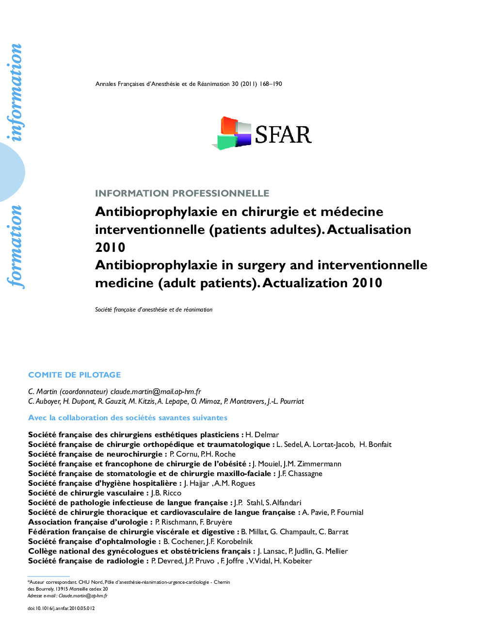 Antibioprophylaxie en chirurgie et médecine interventionnelle (patients adultes). Actualisation 2010