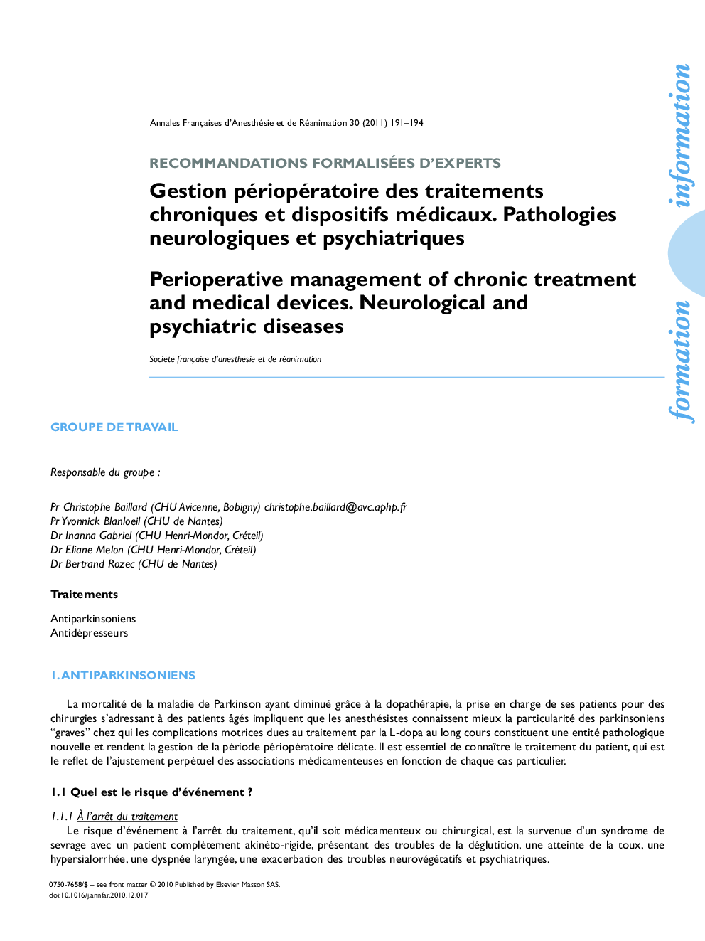 Gestion périopératoire des traitements chroniques et dispositifs médicaux. Pathologies neurologiques et psychiatriques