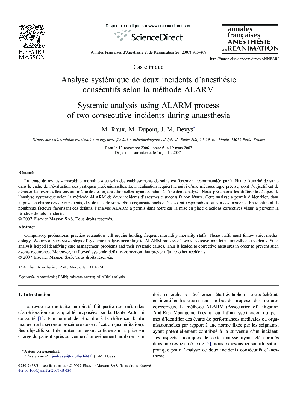 Analyse systémique de deux incidents d'anesthésie consécutifs selon la méthode ALARM
