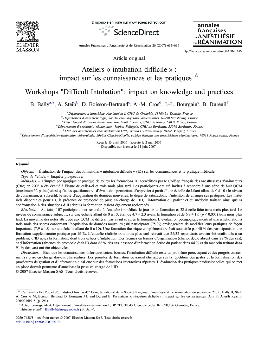 Ateliers « intubation difficile » : impact sur les connaissances et les pratiques 