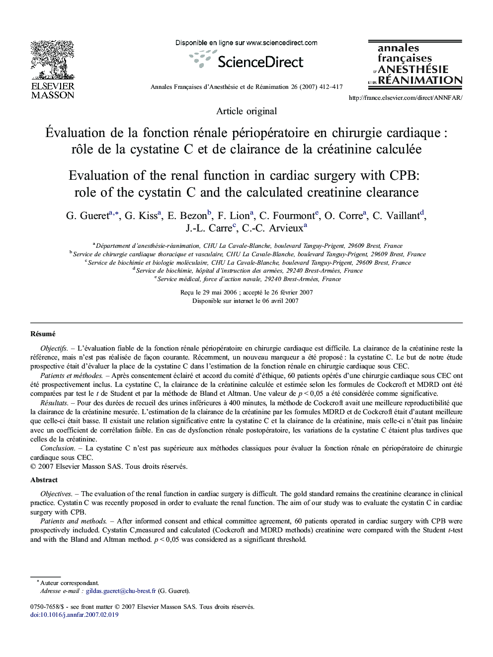 Évaluation de la fonction rénale périopératoire en chirurgie cardiaque : rôle de la cystatine C et de clairance de la créatinine calculée