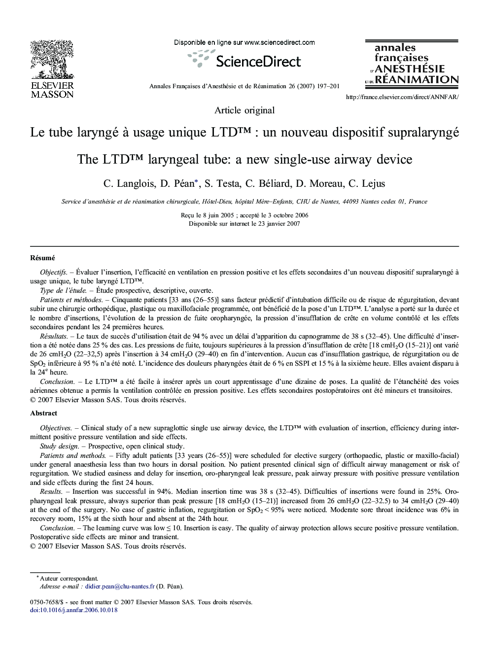 Le tube laryngé à usage unique LTD™ : un nouveau dispositif supralaryngé