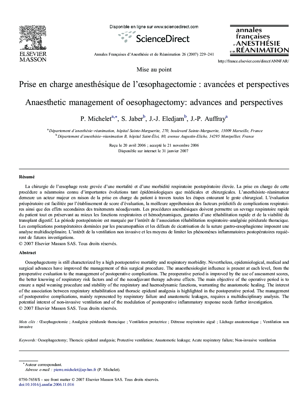 Prise en charge anesthésique de l'œsophagectomie : avancées et perspectives