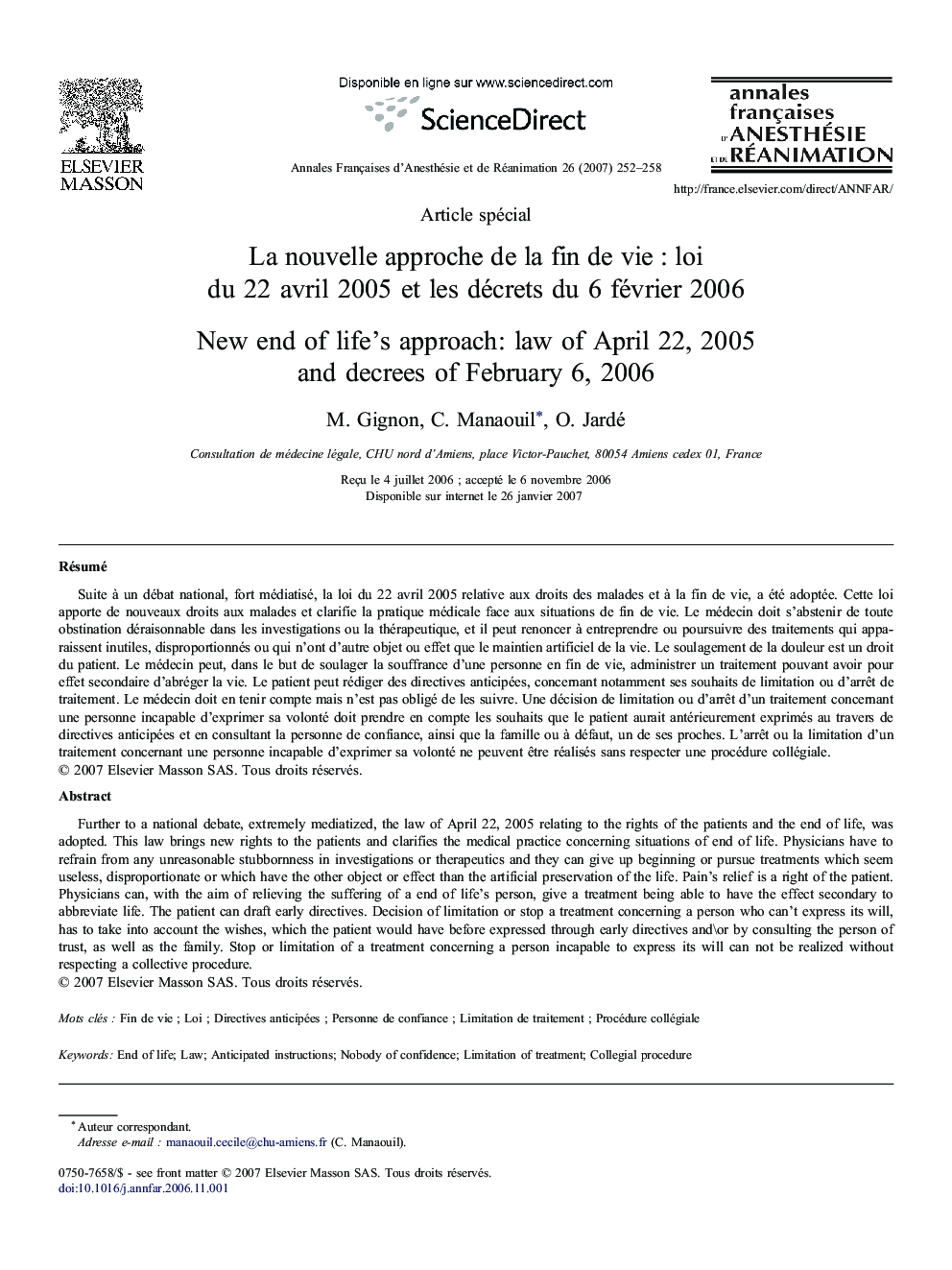 La nouvelle approche de la fin de vie : loi du 22 avril 2005 et les décrets du 6 février 2006