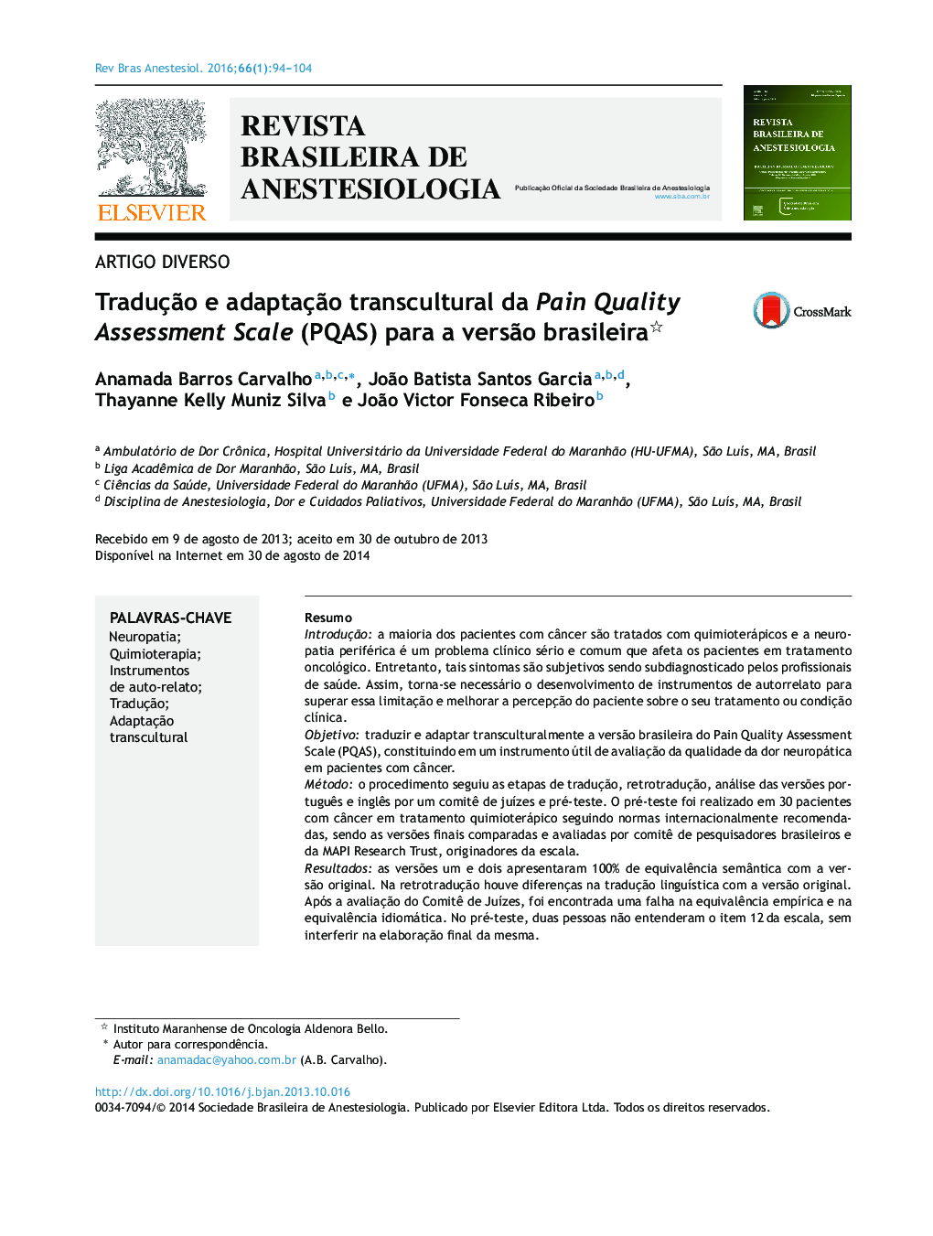 Tradução e adaptação transcultural da Pain Quality Assessment Scale (PQAS) para a versão brasileira 