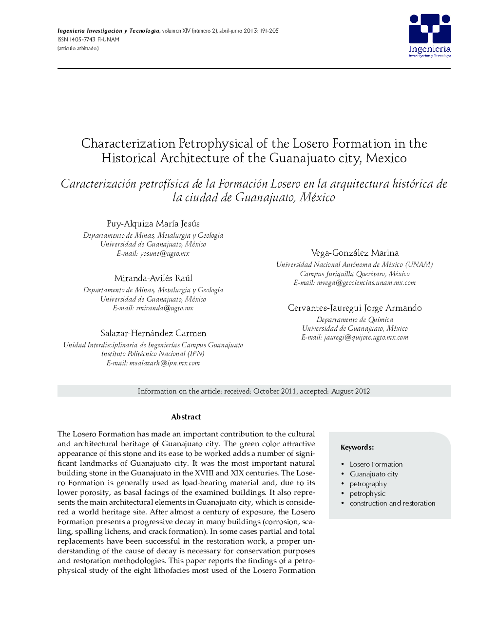 Characterization Petrophysical of the Losero Formation in the Historical Architecture of the Guanajuato city, Mexico *