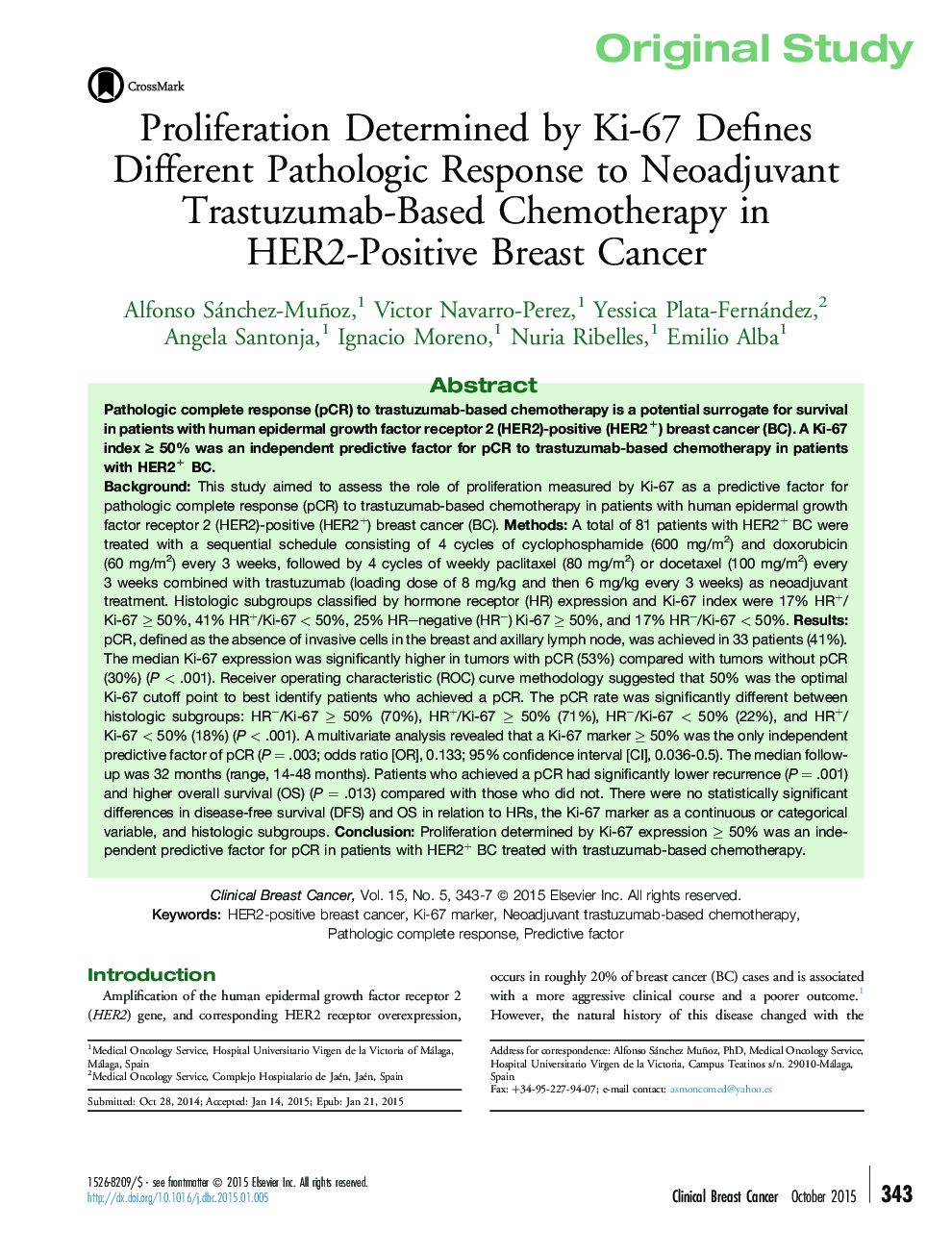 Proliferation Determined by Ki-67 Defines Different Pathologic Response to Neoadjuvant Trastuzumab-Based Chemotherapy in HER2-Positive Breast Cancer