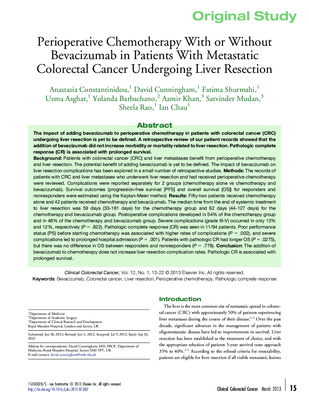 Perioperative Chemotherapy With or Without Bevacizumab in Patients With Metastatic Colorectal Cancer Undergoing Liver Resection