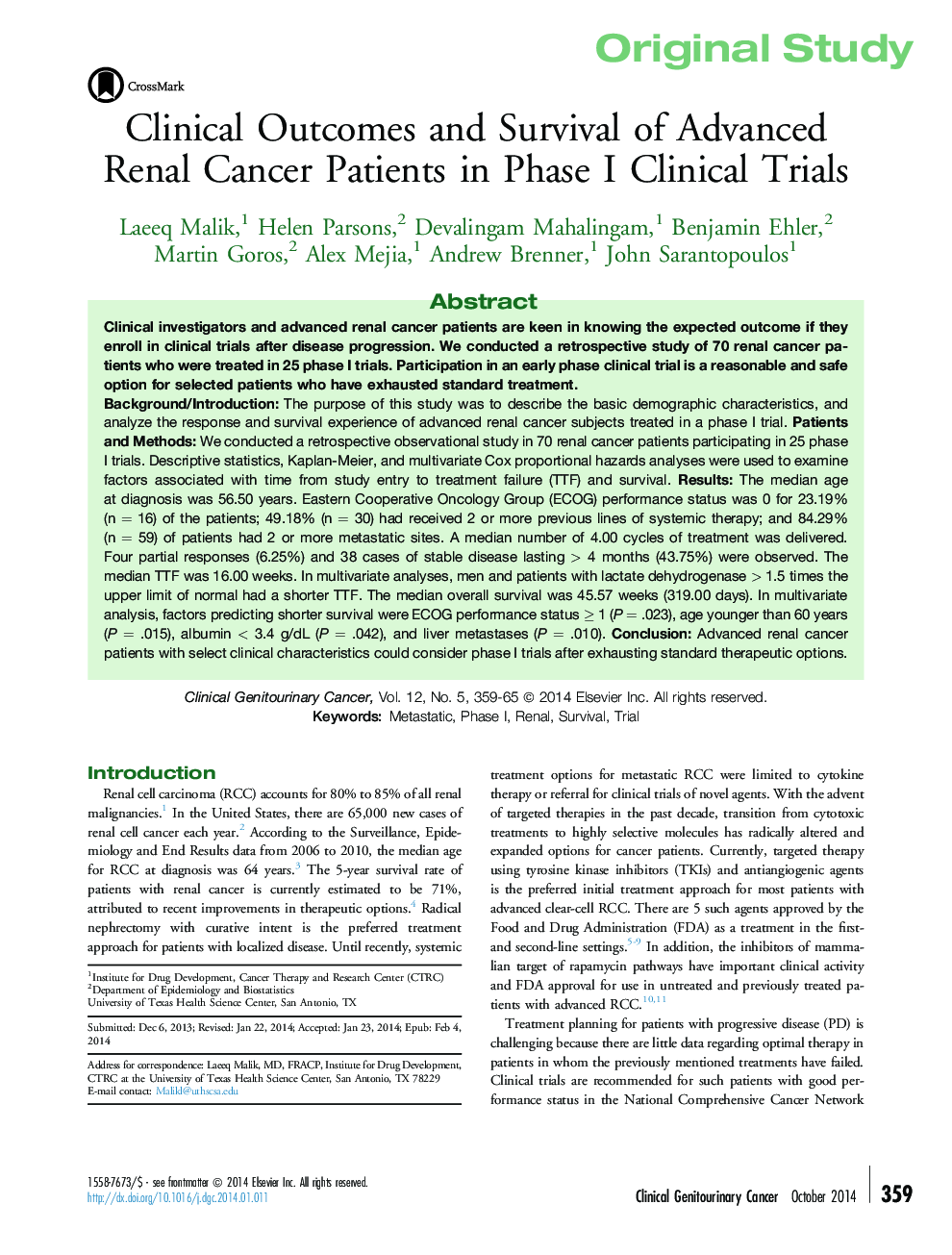 نتایج بالینی و بقاء بیماران مبتلا به سرطان پیشرفته کلیه در آزمایشات بالینی فاز اول 