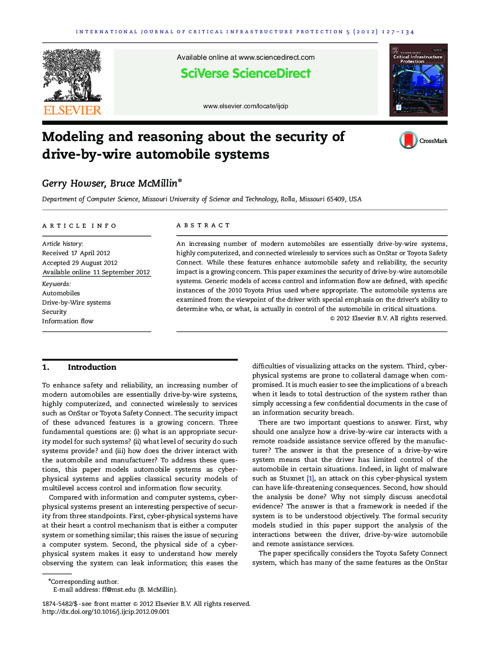 Modeling and reasoning about the security of drive-by-wire automobile systems