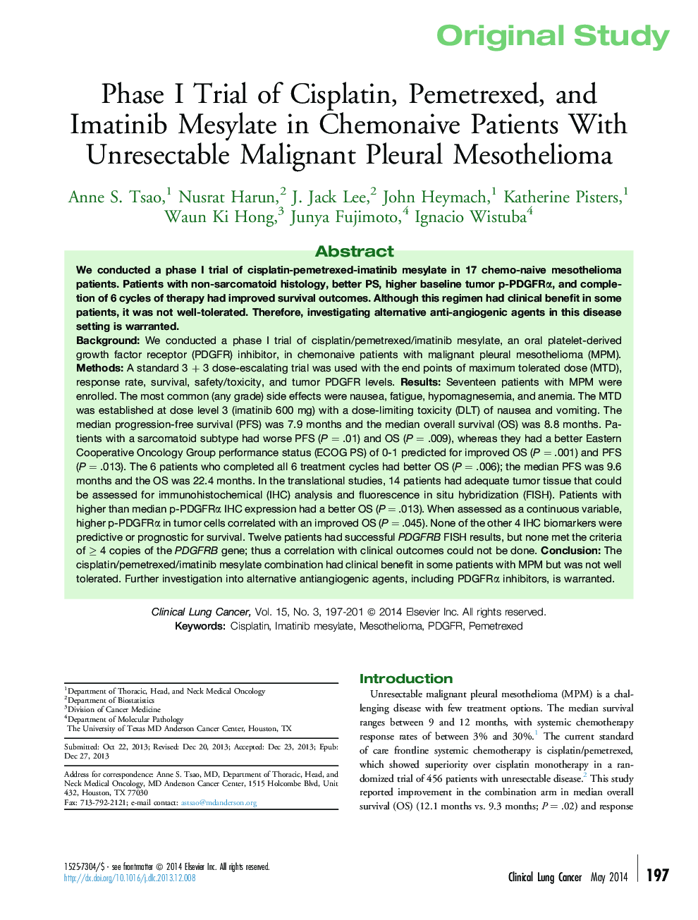 Phase I Trial of Cisplatin, Pemetrexed, and Imatinib Mesylate in Chemonaive Patients With Unresectable Malignant Pleural Mesothelioma