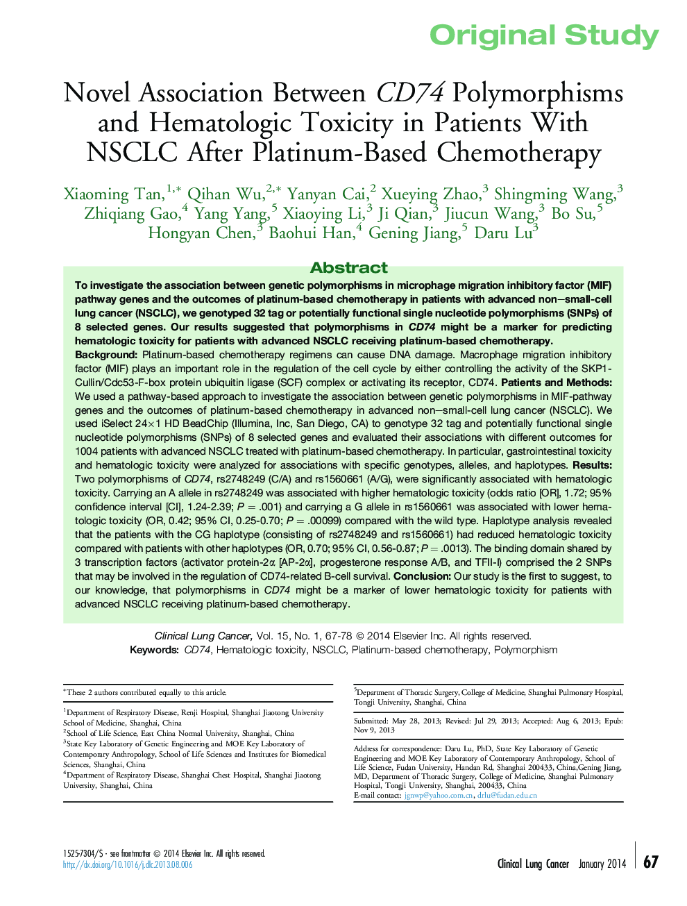 Novel Association Between CD74 Polymorphisms and Hematologic Toxicity in Patients With NSCLC After Platinum-Based Chemotherapy