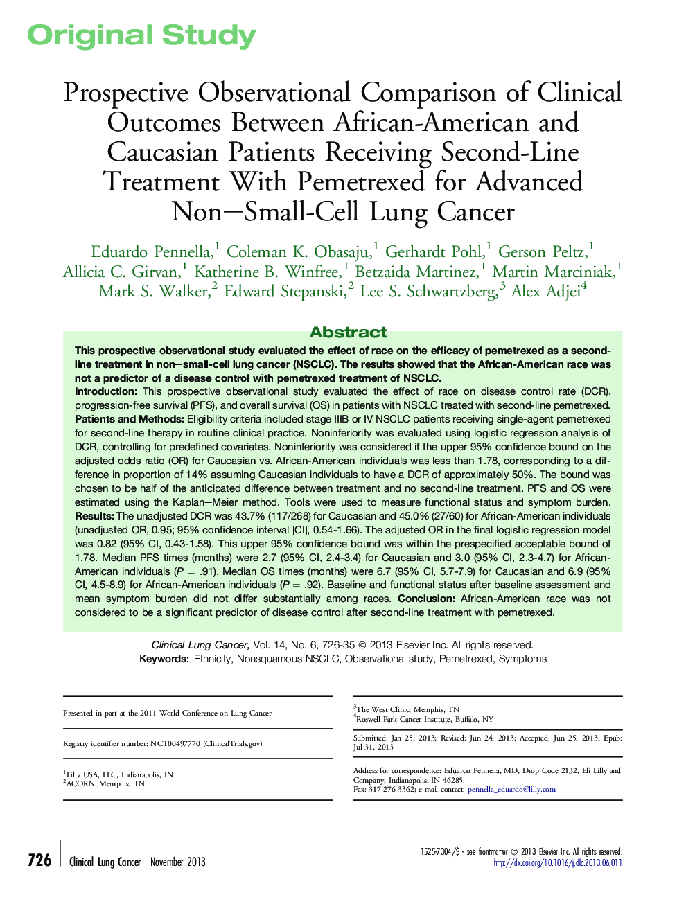 Prospective Observational Comparison of Clinical Outcomes Between African-American and Caucasian Patients Receiving Second-Line Treatment With Pemetrexed for Advanced Non–Small-Cell Lung Cancer 
