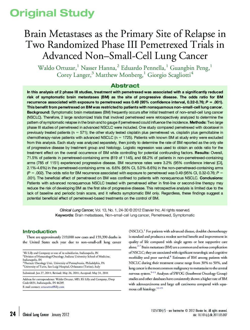 Brain Metastases as the Primary Site of Relapse in Two Randomized Phase III Pemetrexed Trials in Advanced Non–Small-Cell Lung Cancer