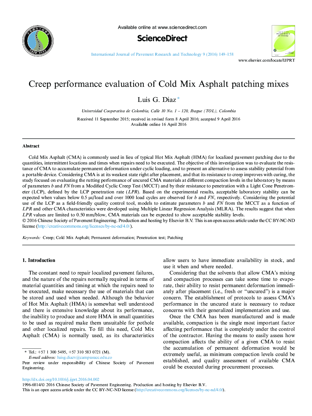 Creep performance evaluation of Cold Mix Asphalt patching mixes 