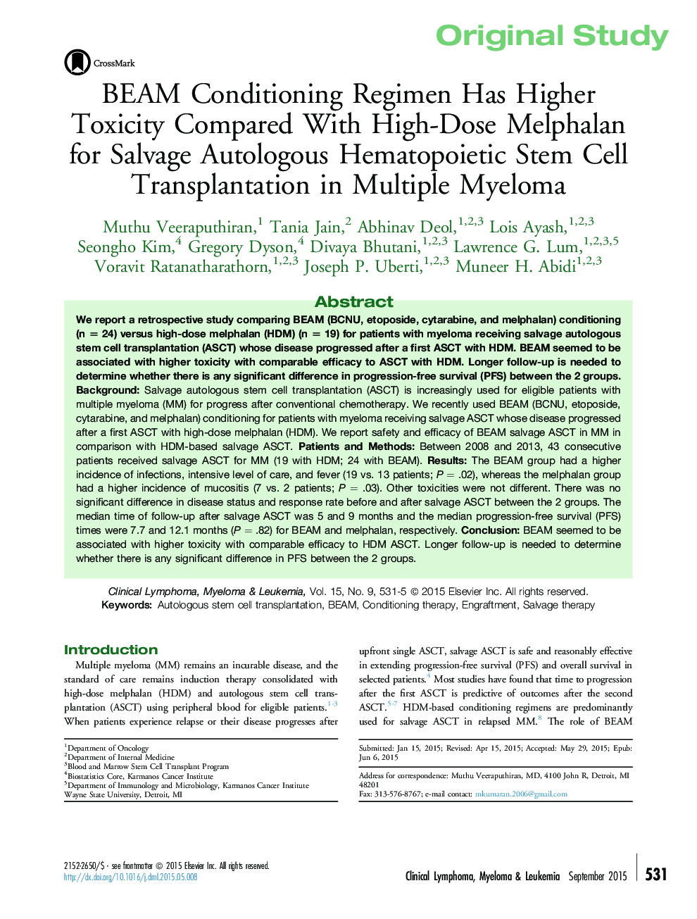 BEAM Conditioning Regimen Has Higher Toxicity Compared With High-Dose Melphalan for Salvage Autologous Hematopoietic Stem Cell Transplantation in Multiple Myeloma