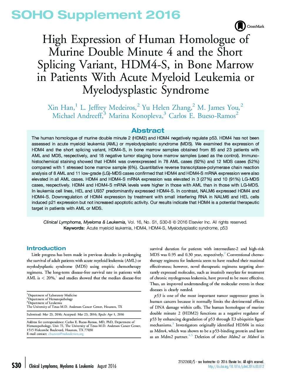 High Expression of Human Homologue of Murine Double Minute 4 and the Short Splicing Variant, HDM4-S, in Bone Marrow in Patients With Acute Myeloid Leukemia or Myelodysplastic Syndrome
