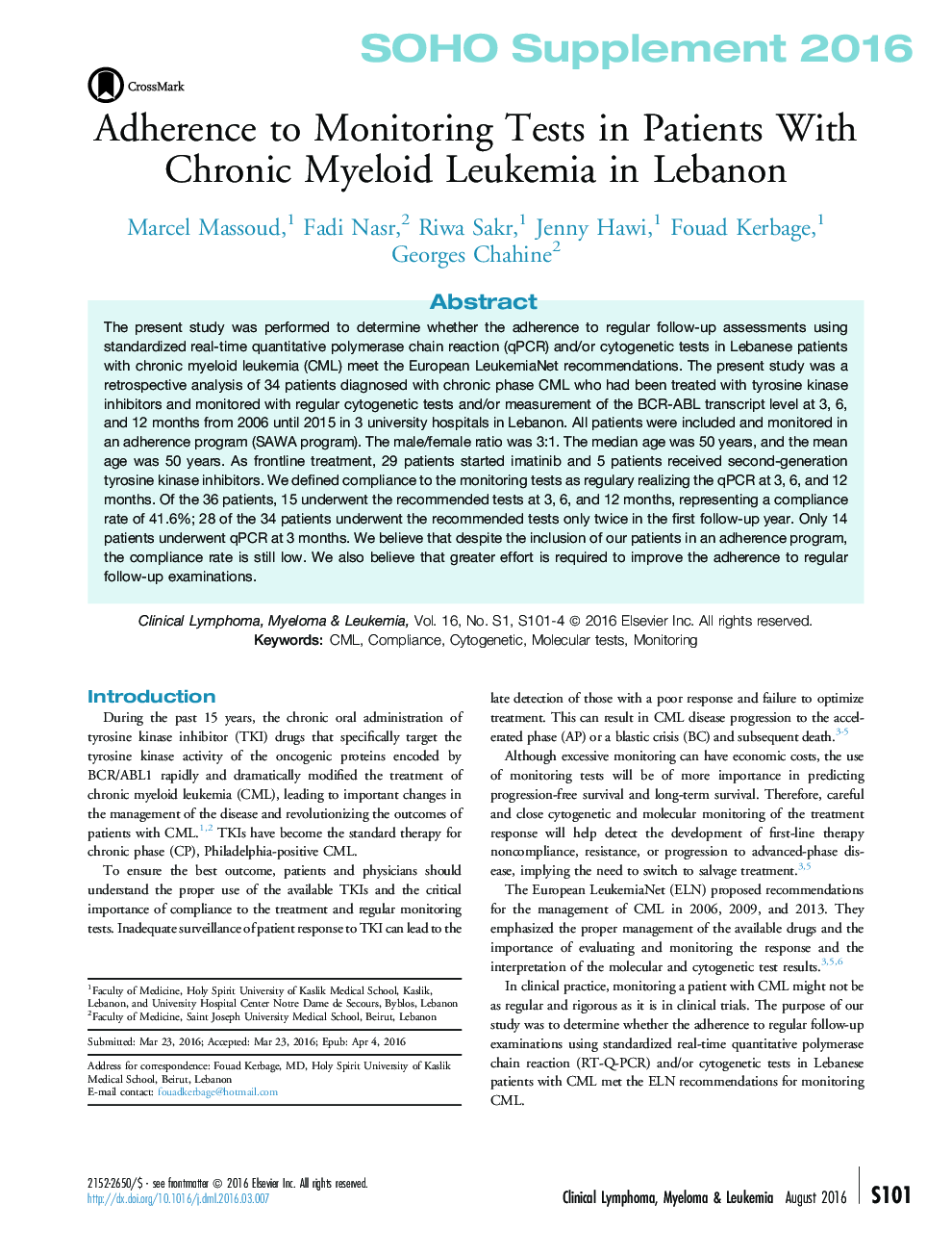 پیوستن به آزمایش های نظارت در بیماران مبتلا به لوسمی مزمن میلوئیدی در لبنان