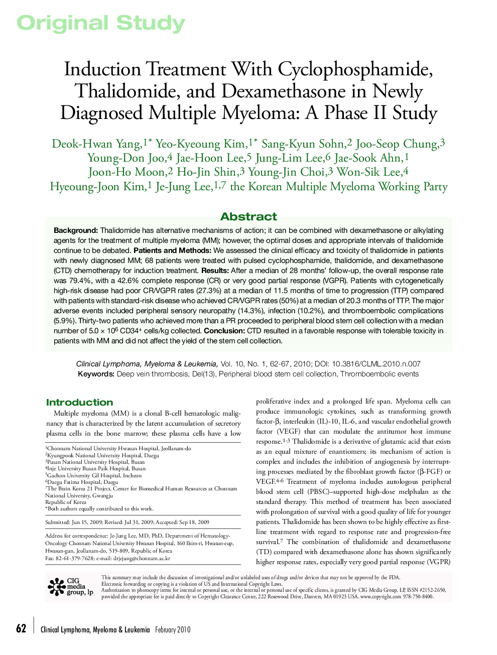 Induction Treatment With Cyclophosphamide, Thalidomide, and Dexamethasone in Newly Diagnosed Multiple Myeloma: A Phase II Study 