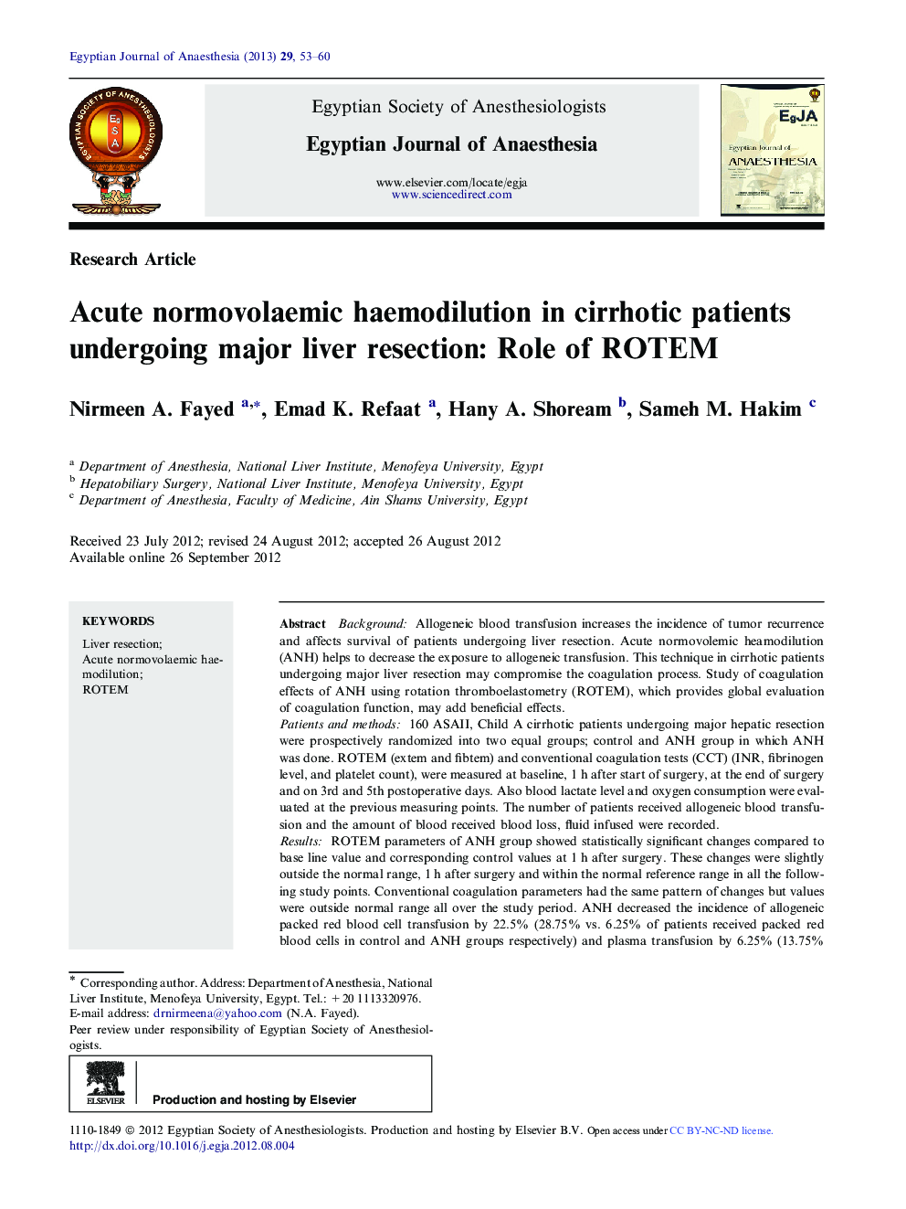 Acute normovolaemic haemodilution in cirrhotic patients undergoing major liver resection: Role of ROTEM 