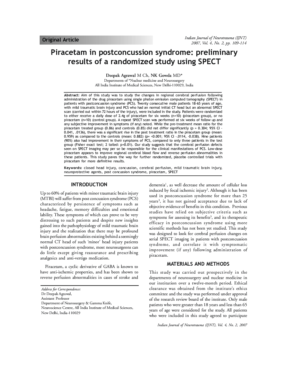 Piracetam in postconcussion syndrome: preliminary results of a randomized study using SPECT