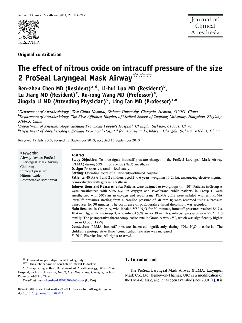 The effect of nitrous oxide on intracuff pressure of the size 2 ProSeal Laryngeal Mask Airway 