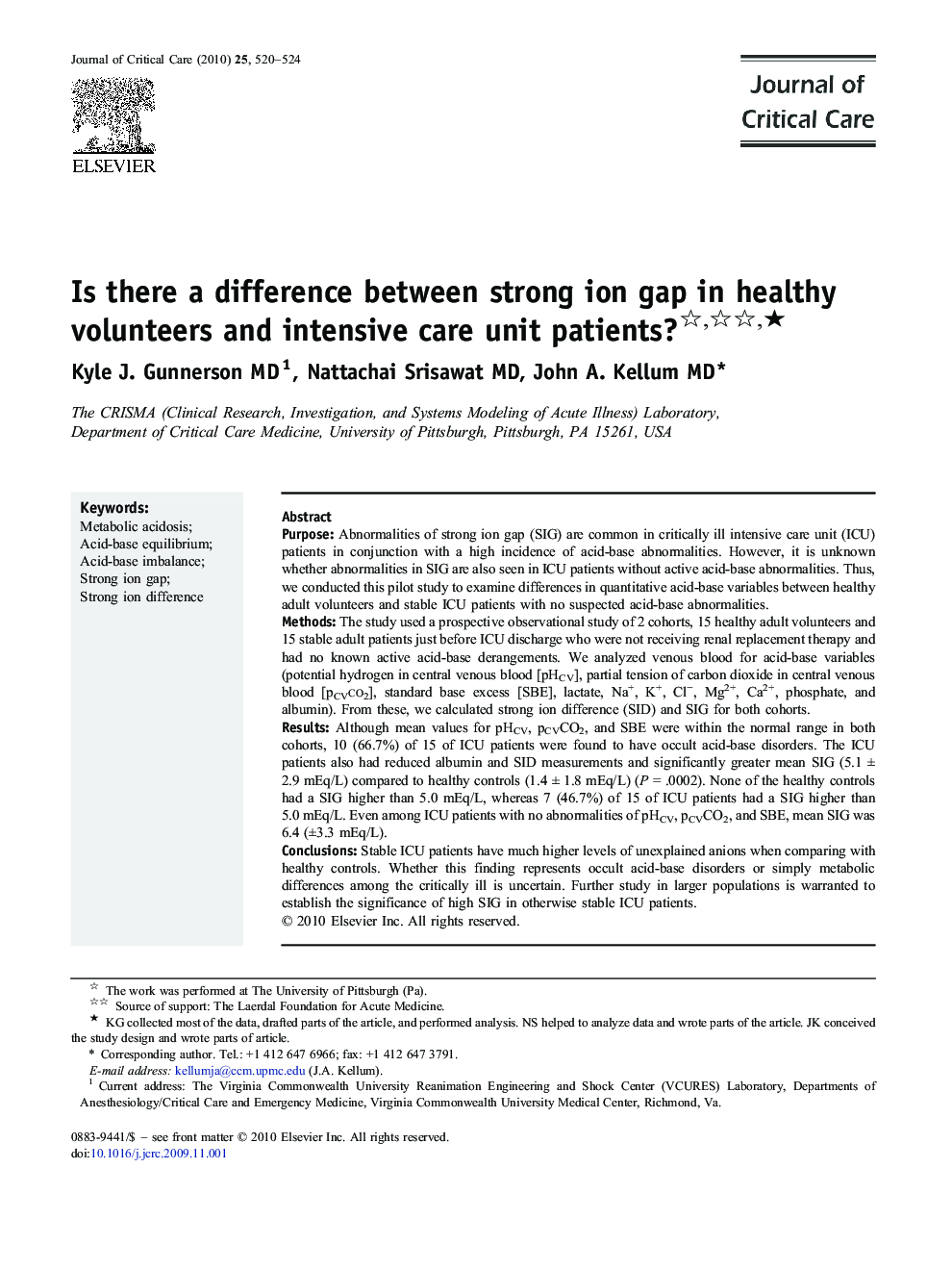 Is there a difference between strong ion gap in healthy volunteers and intensive care unit patients? ★