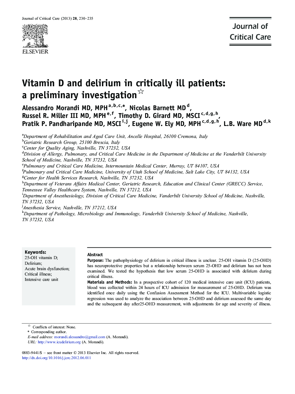 ویتامین D و هذیان در بیماران بدحال: تحقیقات مقدماتی