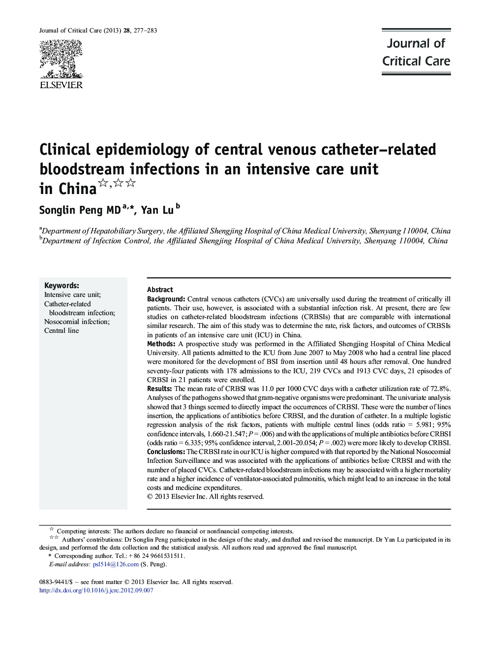 Clinical epidemiology of central venous catheter–related bloodstream infections in an intensive care unit in China 