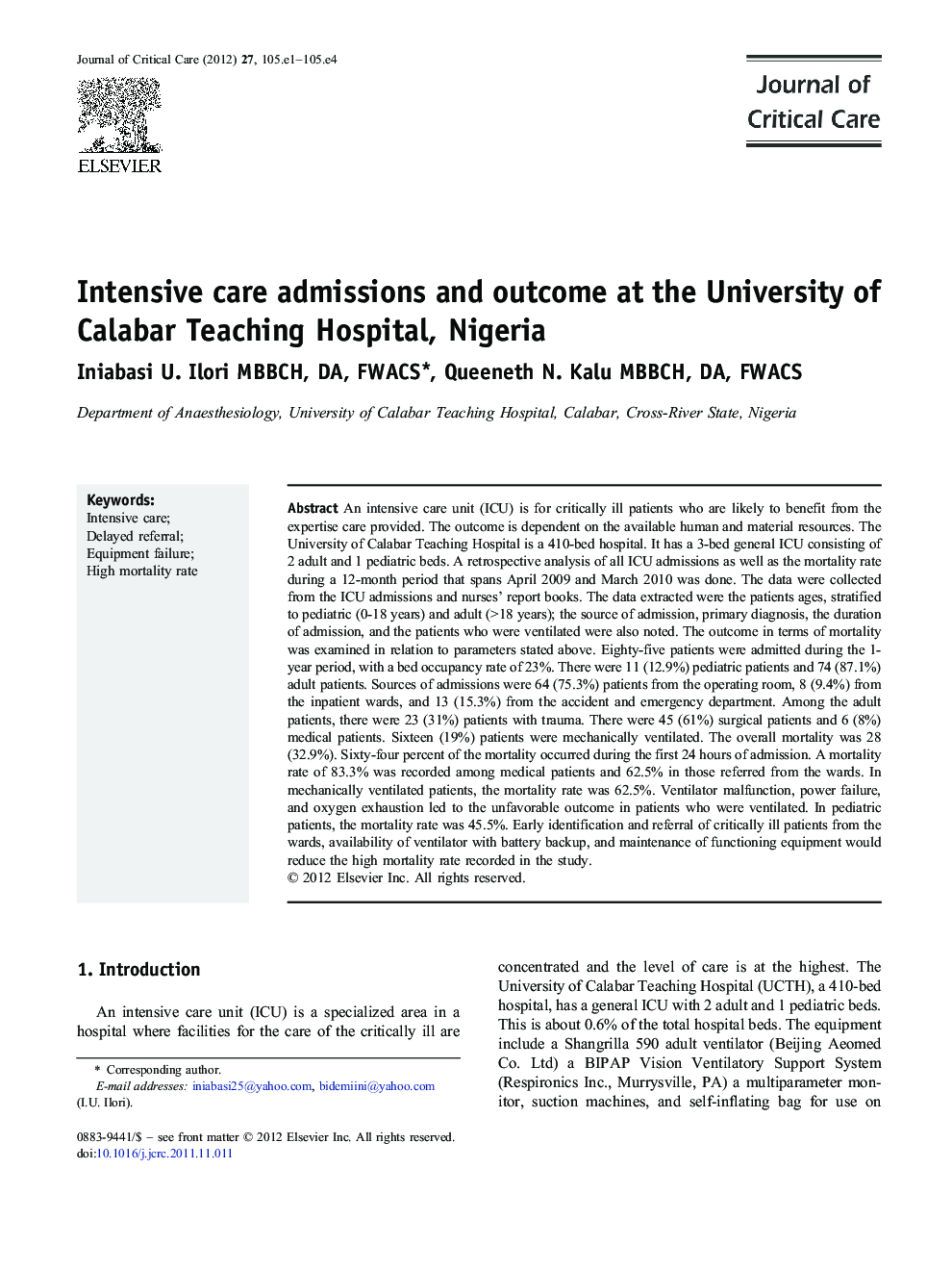 Intensive care admissions and outcome at the University of Calabar Teaching Hospital, Nigeria