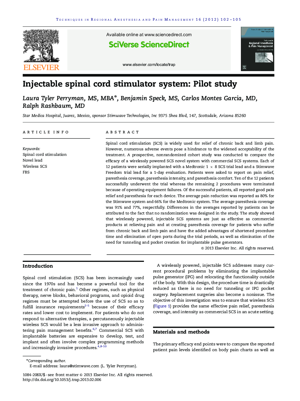 Injectable spinal cord stimulator system: Pilot study