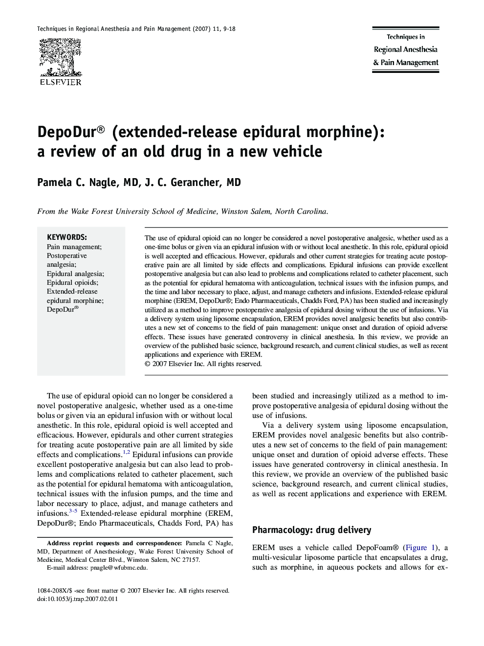 DepoDur® (extended-release epidural morphine): a review of an old drug in a new vehicle