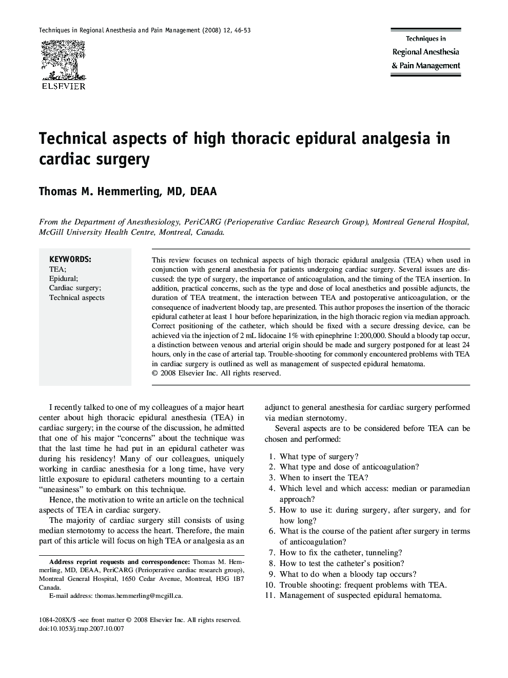 Technical aspects of high thoracic epidural analgesia in cardiac surgery