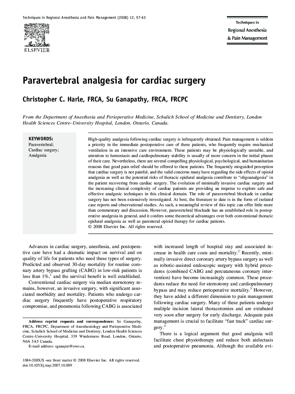 Paravertebral analgesia for cardiac surgery